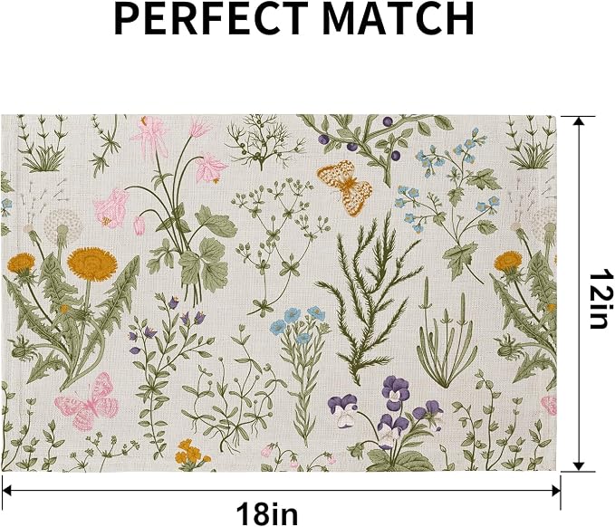 QIYI Boho Table Placemats Set of 4, Wildflowers | Fabric Place Mats - Image 3