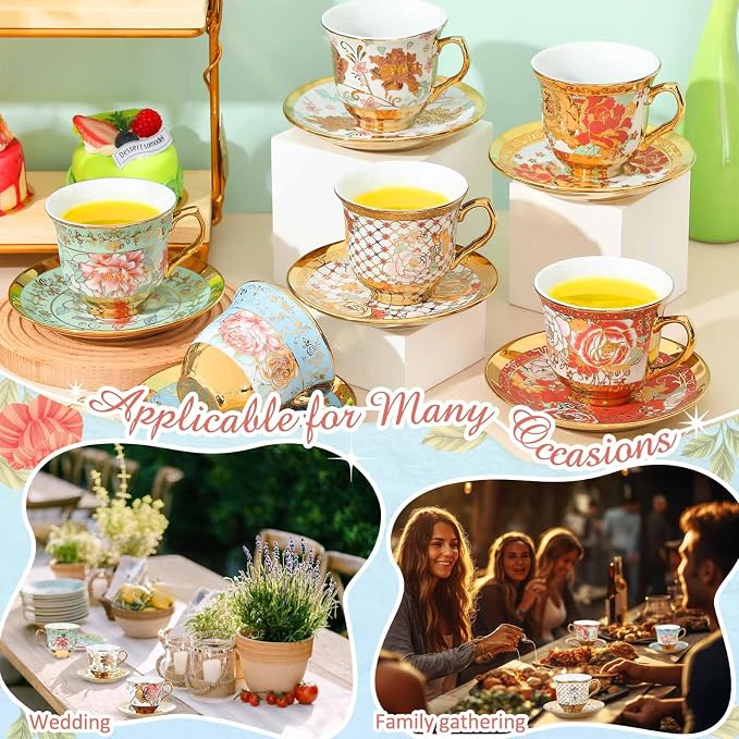 Teenyyou Set of 36 Tea Cups and Saucers Tea Party Decorations Floral Porcelain - Image 3