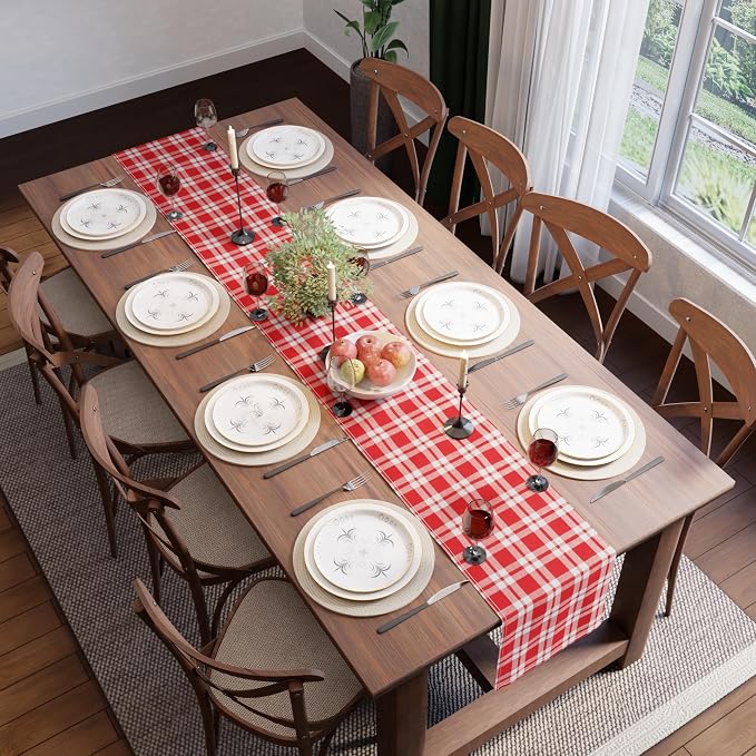 Encasa XO Table Runner, Woven Cotton Dining Runner 13"x120" | Franca Red Checks - Image 5