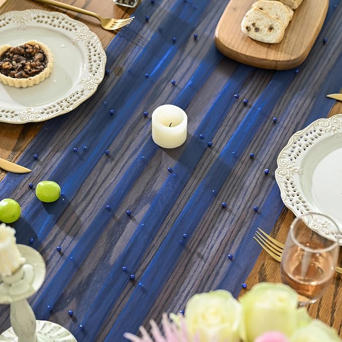 Artoid Mode Pearl Light Bule Gauze Table Runner 59x120 Inch, Seasonal Sheer - Image 2