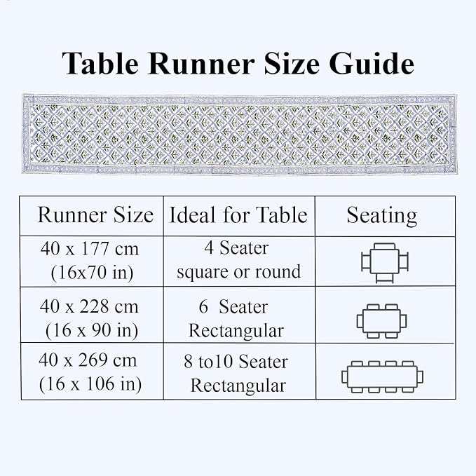 Light Steel Blue Hand Block Print 100% Cotton Table Runner 16x106 in | Perfect - Image 4