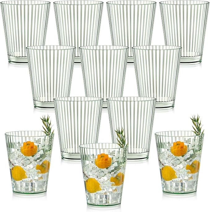 12 PCS Plastic Ribbed Drinking Glasses Green 10oz Vintage Ripple Stemless Wine by SHIQIKEJIPTY