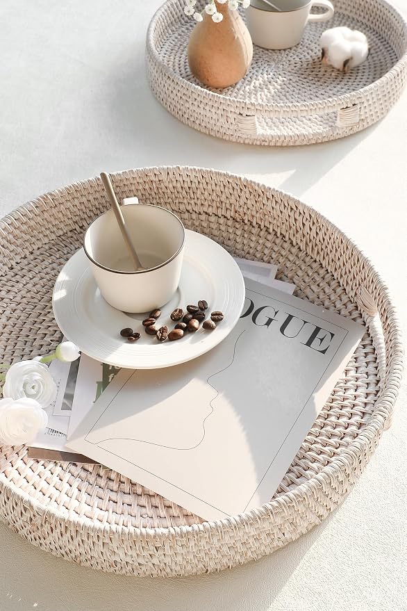 HITOMEN 14.2" Hand-Woven Round Rattan Serving Tray Decorative Ottoman Wicker - Image 5