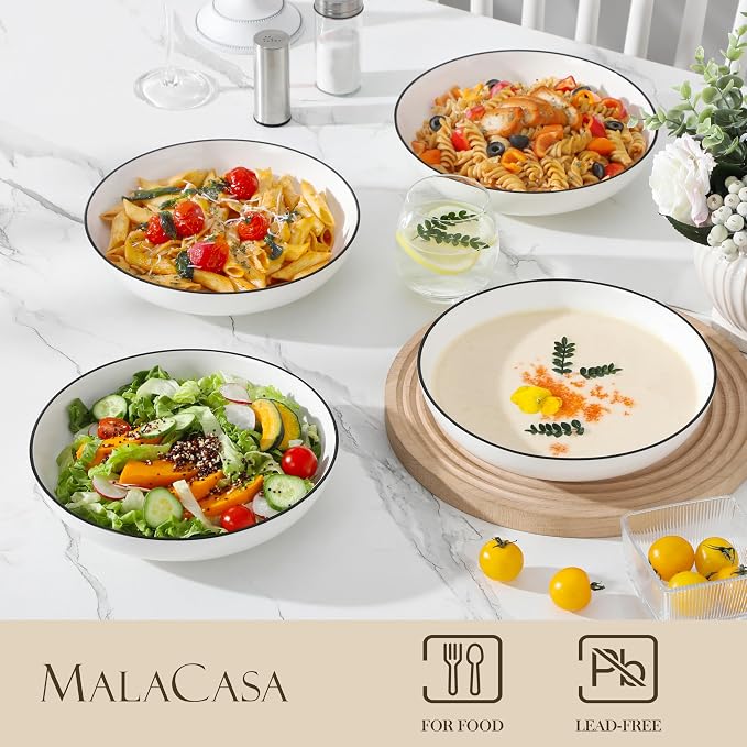 MALACASA 8.85" Large Pasta Bowls, 42 OZ White Salad Bowls Soup Bowls, Porcelain - Image 3