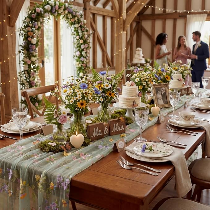 Sage Green Floral Table Runner 10ft Embroidery Tulle Spring Wildflower Table - Image 7