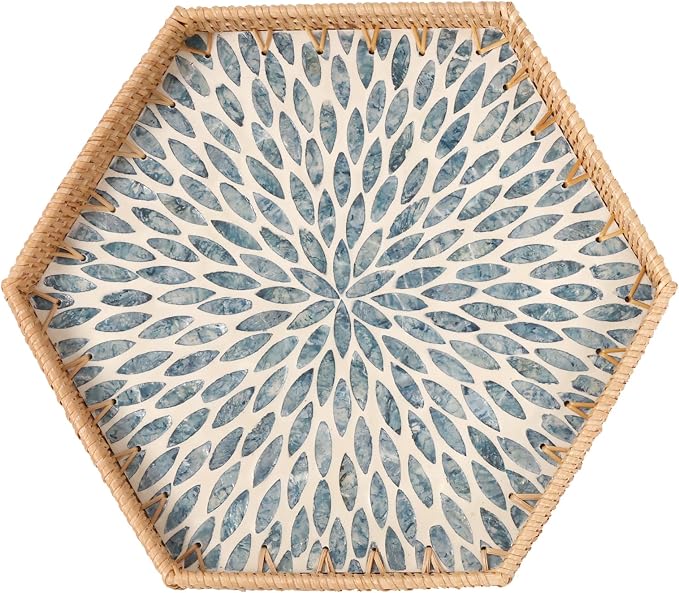 Hexagon Rattan Tray with Mother of Pearl Inlay, Rattan Serving Tray by Tynulox
