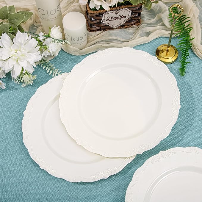 DaYammi 60PCS Ivory Plastic Plates, Fancy Plastic Plates Disposable Heavy Duty - Image 2