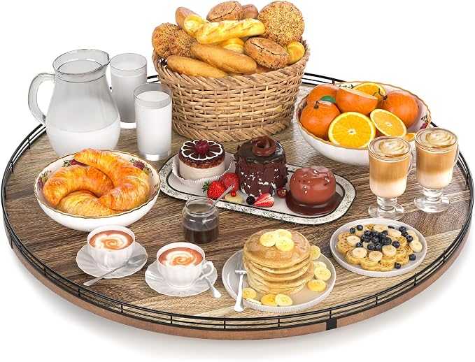 24 Inch Lazy Susan Turntable, Heavy Duty Acacia Wood Round Tray by HGF