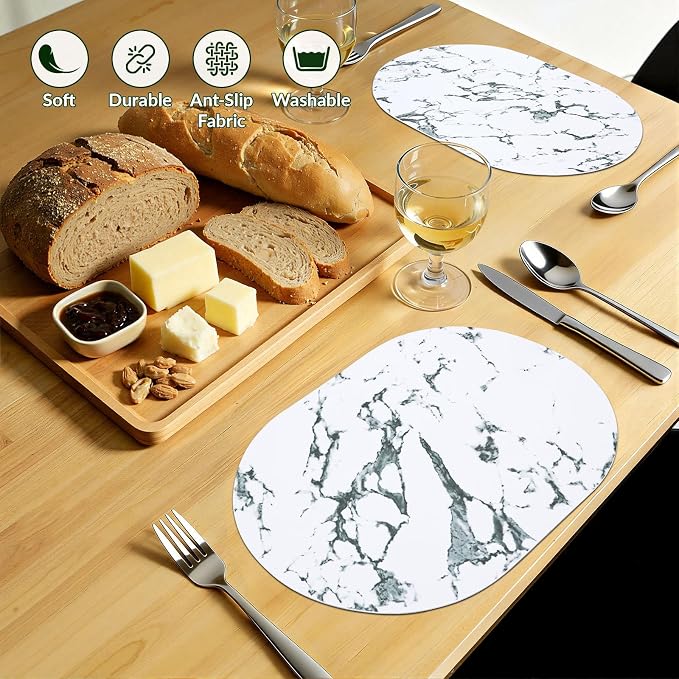 Placemats Set of 6, 11.8 x 17 Inch, Marble | Heat Resistant Oval Faux Leather - Image 7