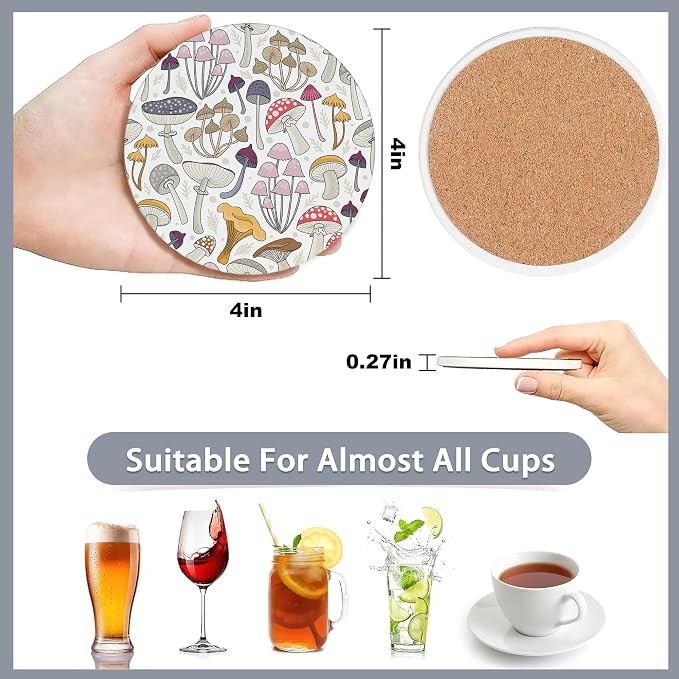 6 Pcs Coasters for Drinks with Holder, Retro Mushrooms Berries and Bugs - Image 2