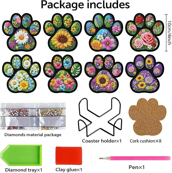 ijbnhd 8 Pcs Diamond Art Coasters Kits Dog Paw 4x4 inch | Diamond Painting - Image 2
