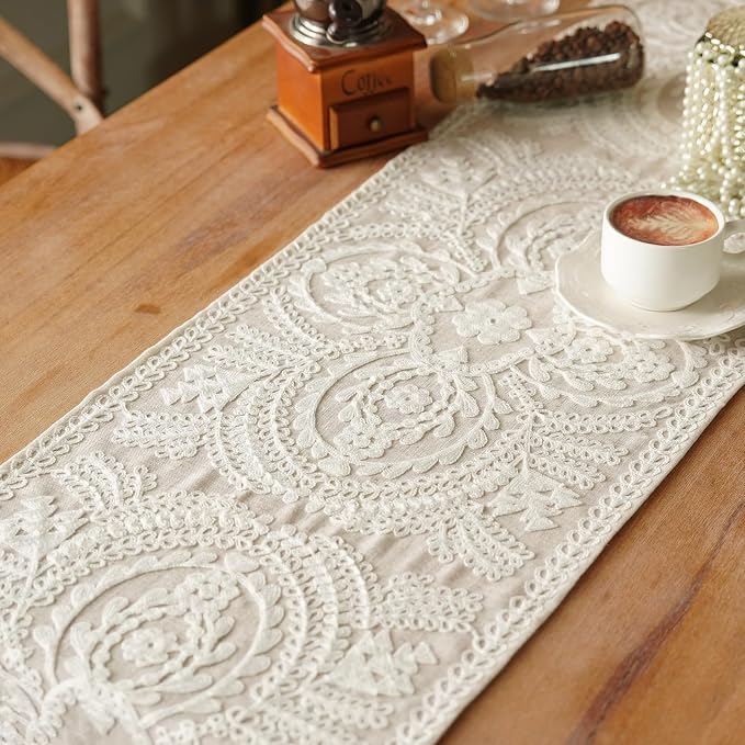 Embroidered Dresser Runner Lace Boho Scarf, 4 Tassel Pendants, Layered Accent - Image 4