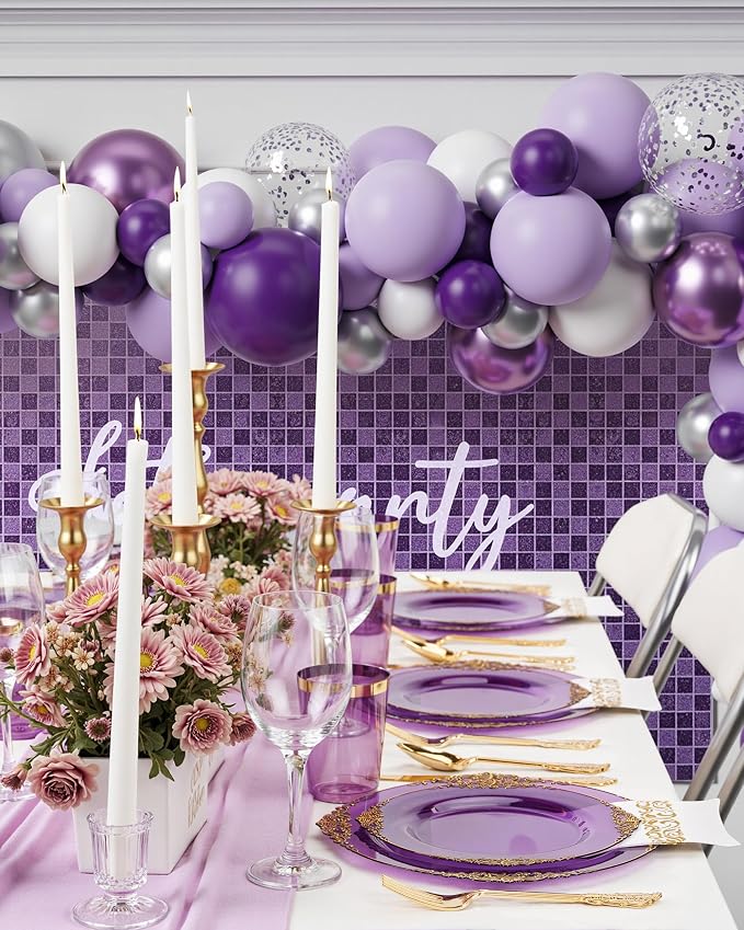 Nervure 175Pcs Clear Purple Plastic Plates, Dinnerware Set - Image 4