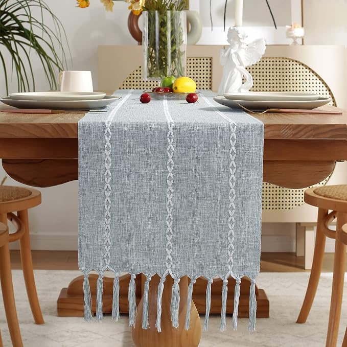 Wracra Rustic Linen Table Runner, Dusty Blue Table Runners 36 inches Long | by Wracra
