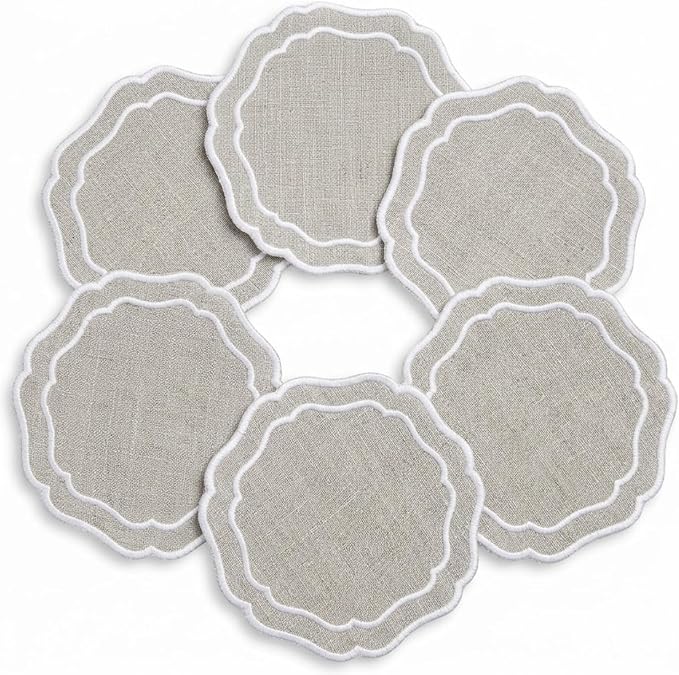 Linen Coasters for Drinks, 4.5 inch, Natural | Absorbent Linen Drink Mats by EmbroideryLinenVN