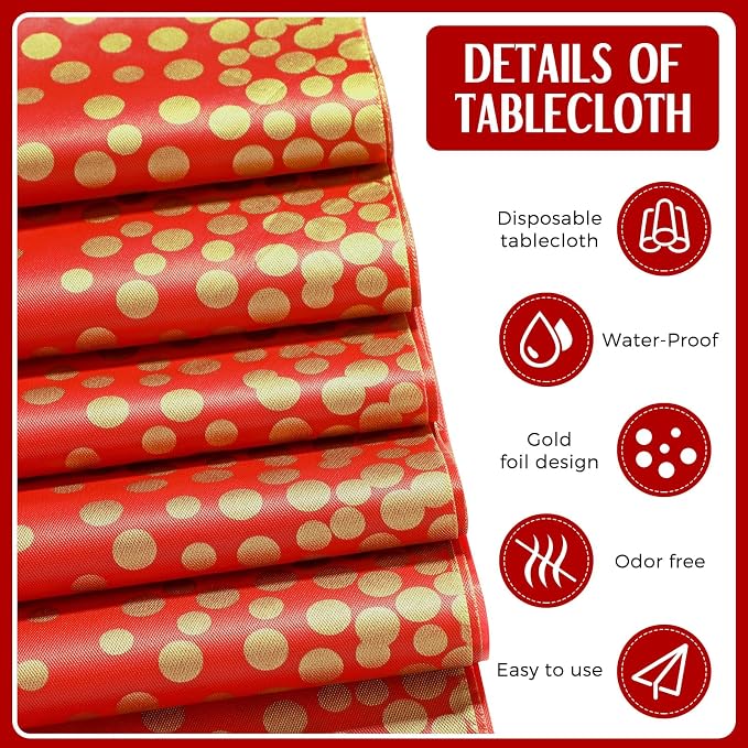 8 Pack Red and Gold Disposable Plastic Tablecloths and Satin Table Runner Set - Image 3