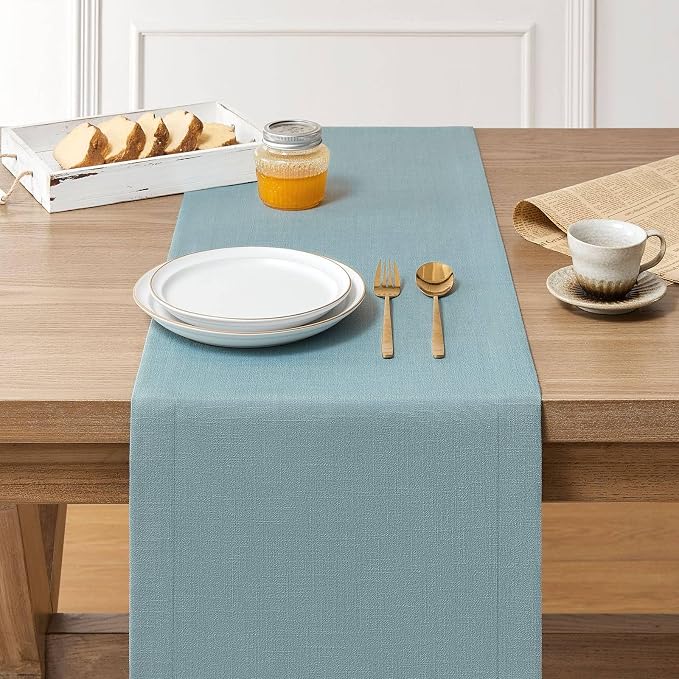 Linen Textured Border Table Runner, 14 x 72 Inch Blue | Mitered Corner Design - Image 3