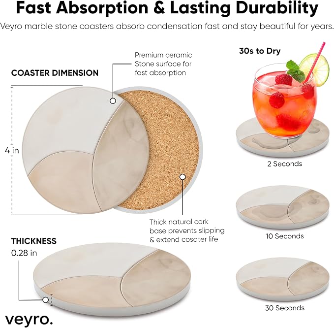 VEYRO Ceramic Coasters Set of 6 – Absorbent Stone Drink Coasters - Image 5