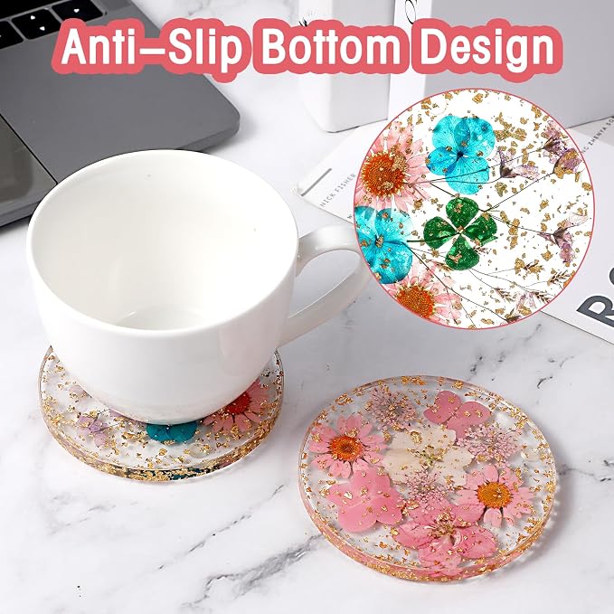 Amabro Dried Flower Drink Coasters, Floral Resin Drink Cup Mat Set of 2 - Image 4