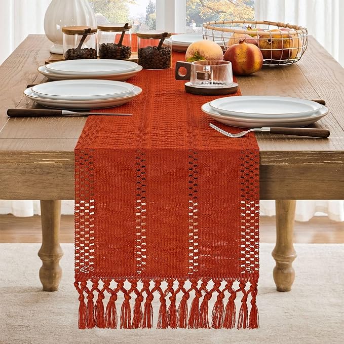 Macrame Style Boho Table Runner, 12x108 Inch Dark Orange | Woven Boho Table - Image 2