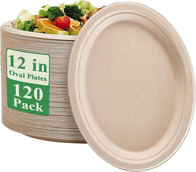 Vplus 100% Compostable Oval Paper Plates 12 inch 120 Pack, Nature | Super Strong by Vplus