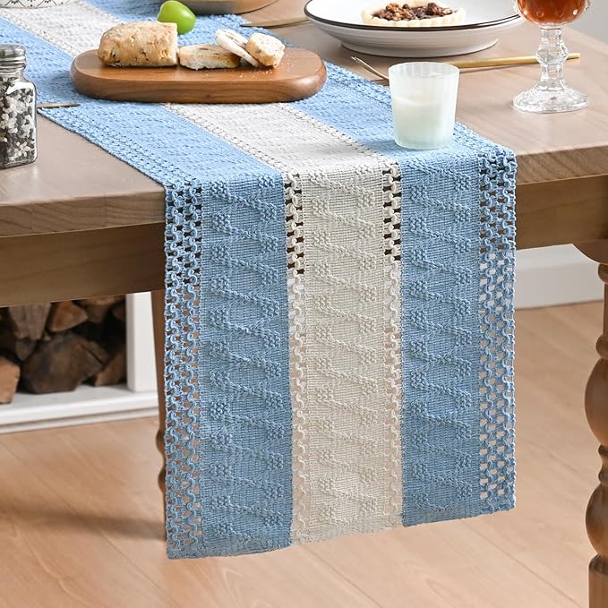 Artoid Mode Sky Blue Farmhouse Woven Table Runner 12x48 Inch | Holiday Rustic by ArtoidMode