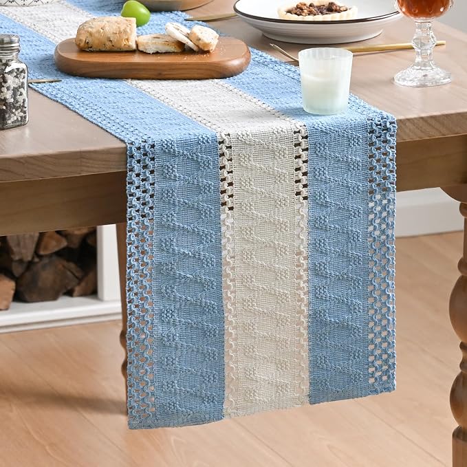 Artoid Mode Sky Blue Farmhouse Woven Table Runner 12x90 Inch | Holiday Rustic by ArtoidMode