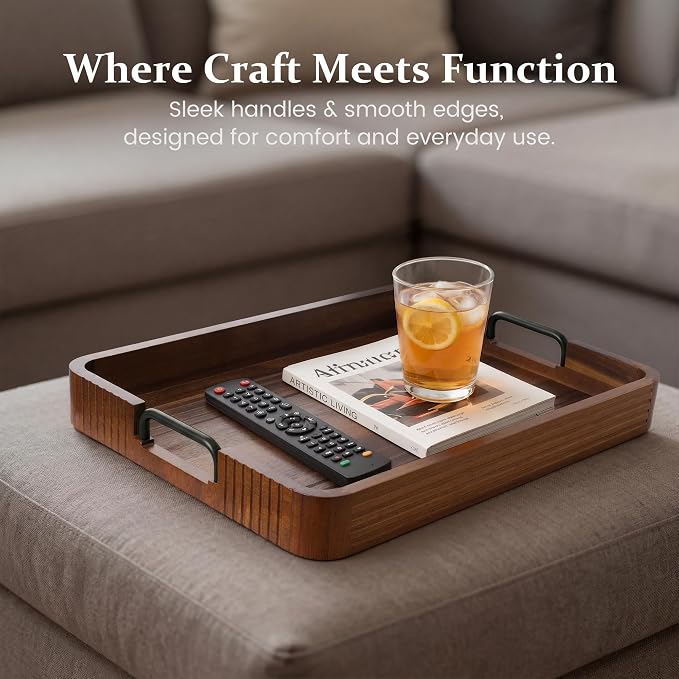 Acacia Wood Serving Tray with Metal Handles, 17x13in | Decorative coffee table - Image 6