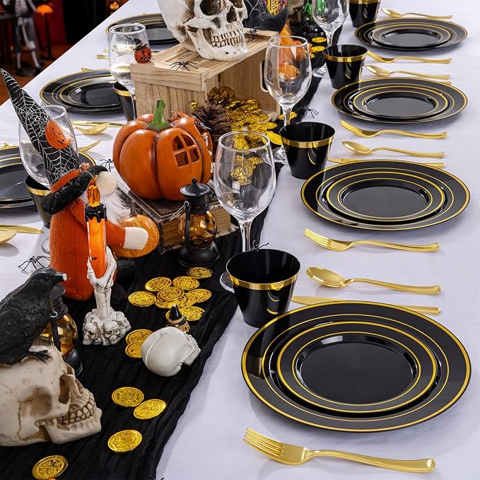 WELLIFE 600 PCS Black Gold Disposable Dinnerware Set - Image 9