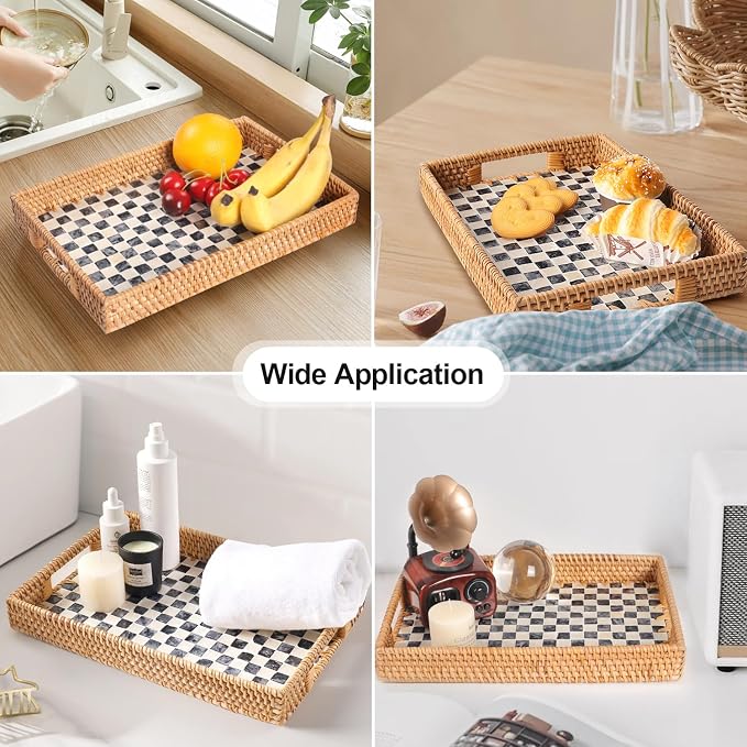 Rectangle Rattan Tray with Mother of Pearl Inlay, Rattan Serving Tray with - Image 3