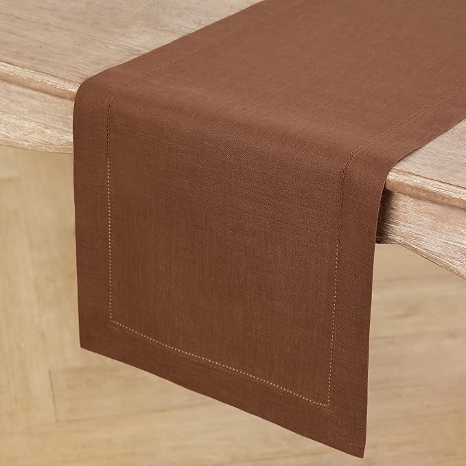 Solino Home 100% Pure Linen Dining Table Runner Brown Hemstitch, 14 x 60 in | - Image 2