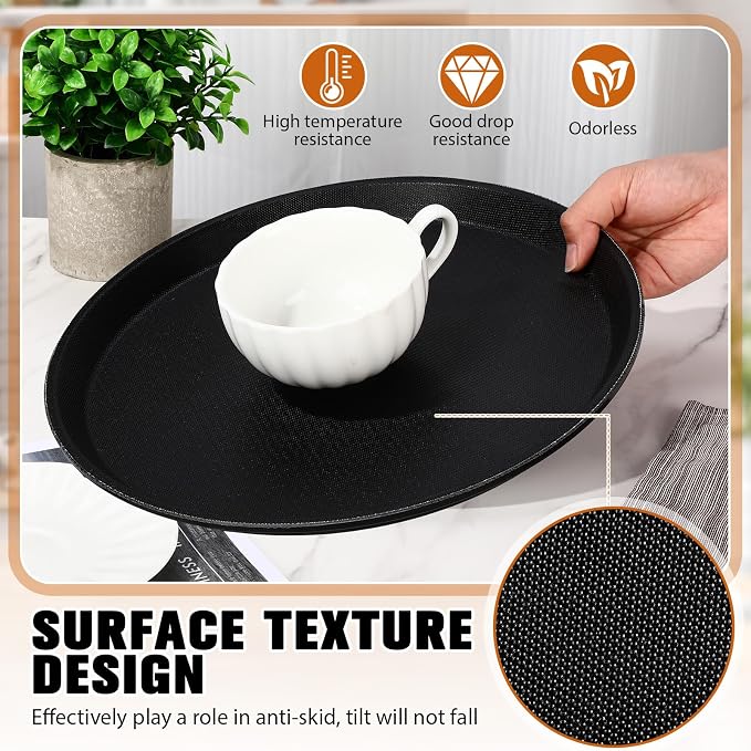 Zopeal 4 Pieces 16" Black Round Restaurant Serving Tray, Plastic Non Slip - Image 4