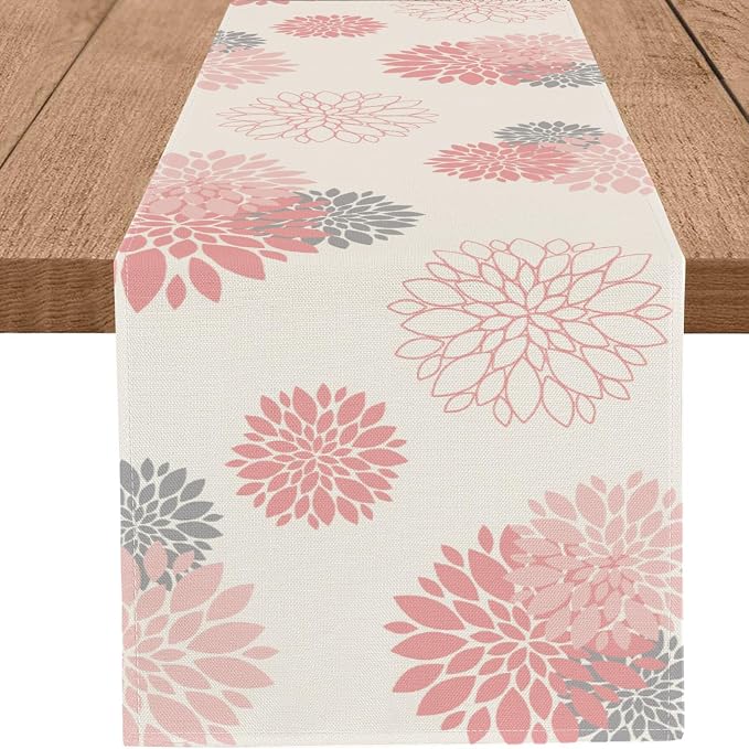Pink Grey Table Runner Dahlia Flower Beige Burlap Table Runners Modern Elegant by WHOMEAF