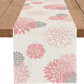 Pink Grey Table Runner Dahlia Flower Beige Burlap Table Runners Modern Elegant by WHOMEAF