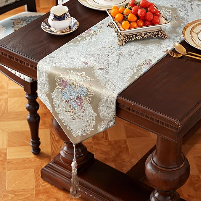 Luxury Damask Table Runner 72 Inches Long Beige Chenille Jacquard European | by HeMiaor