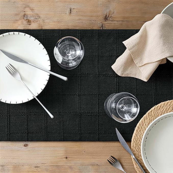Linen Checked Farmhouse Table Runner, 13x60 Inches Black | Raised Grid Design - Image 7