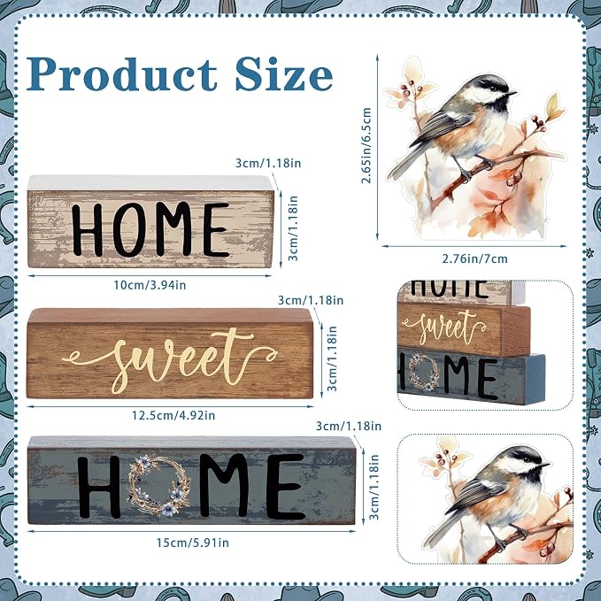 Cinnvoice 4 Pcs Spring Chickadee Wooden Block Decor Farmhouse Tiered Tray Signs - Image 3