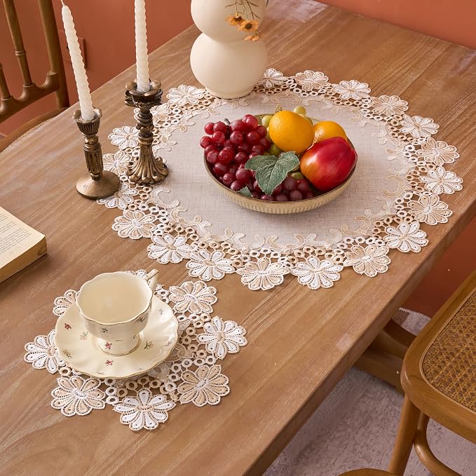 European Antique Jacquard Lace Table Doilies, Small Farmhouse Linen Embroidered - Image 3