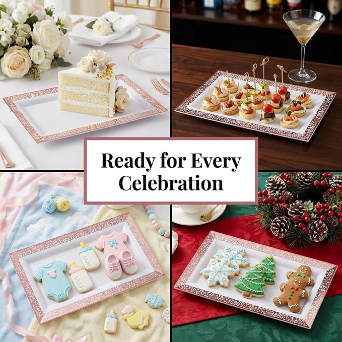 Yumchikel-Plastic Serving Tray & Platter Set White & Rose Gold Lace Disposable - Image 6