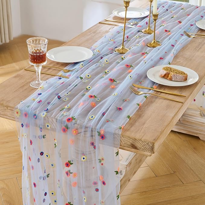 BINBE 12pcs Daisy Spring Table Runner Embroidery Gauze 10FT Florals Seasonal - Image 2