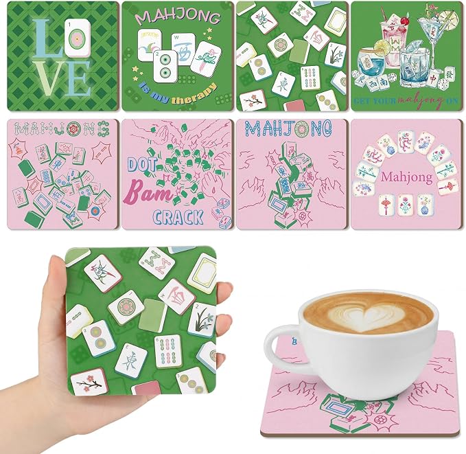8 Pcs Mahjong Coasters 3.94 x 3.94 Drink Coasters Pink and Green Mahjong Gift by Yiyiring