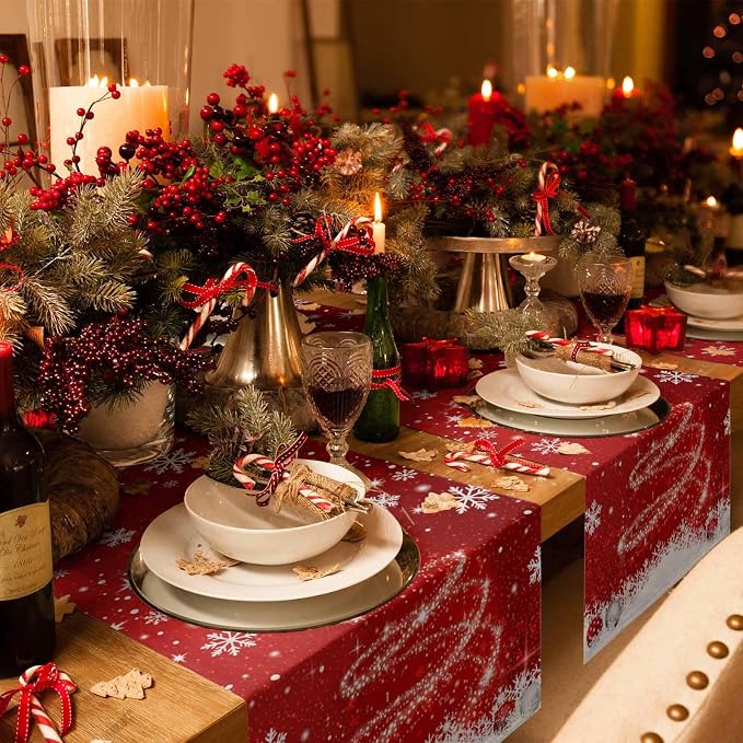 Red Christmas Table Runner 72 Inches Long, Xmas Tree Balls Snowflake Table - Image 6