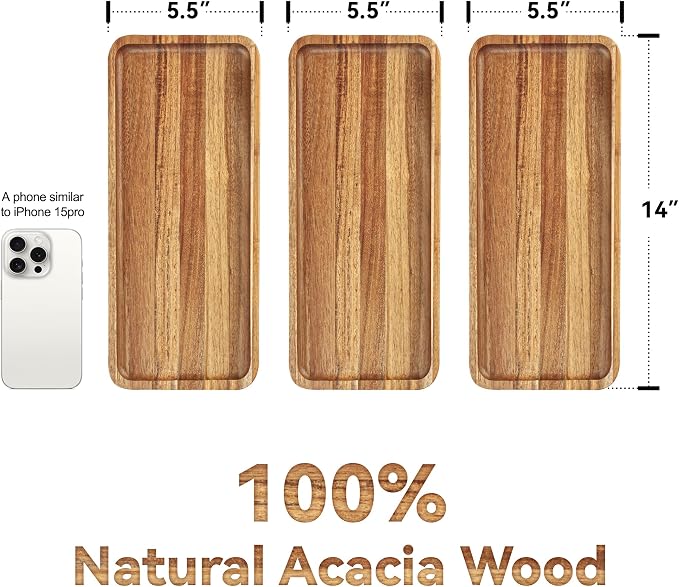 3 Pack Acacia Wood Charcuterie Cheese Trays 14x5.5in | Solid Natural Acacia Wood - Image 2