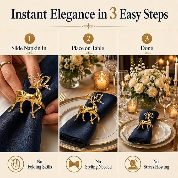Gold Napkin Rings Set of 12 – Holiday Reindeer Design – Elegant Christmas Table - Image 5