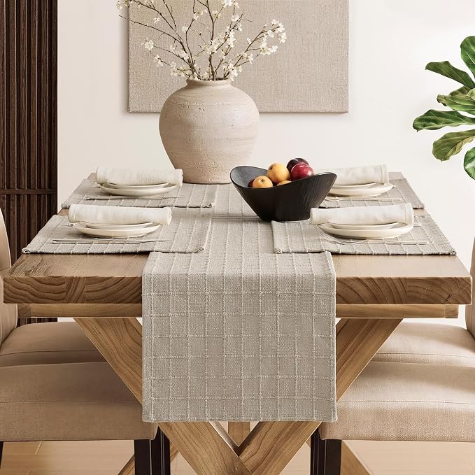 Artisanal Grid Linen Table Runner, 13x60 Inches Oatmeal | Heavy Textured - Image 4