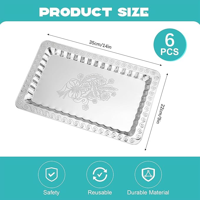 6-Pack Silver Serving Trays Set – Swirl Floral Engraved Serving Platters - Image 6