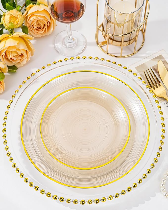 Morejoy 175PCS Clear Brown Plastic Plates, Disposable Gold Party Plates | - Image 9