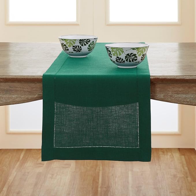 Solino Home 100% Pure Linen Table Runner Rainforest Hemstitch, 14 x 132 in | by SolinoHome