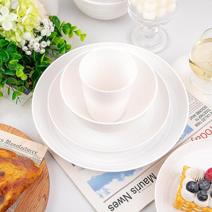 32pcs White Wheat Straw Dinnerware Set, Plates and Bowls Sets - Image 7