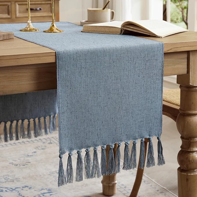 Cotton Linen Table Runner, 13x48 Inch, Dusty Blue by Aoztio
